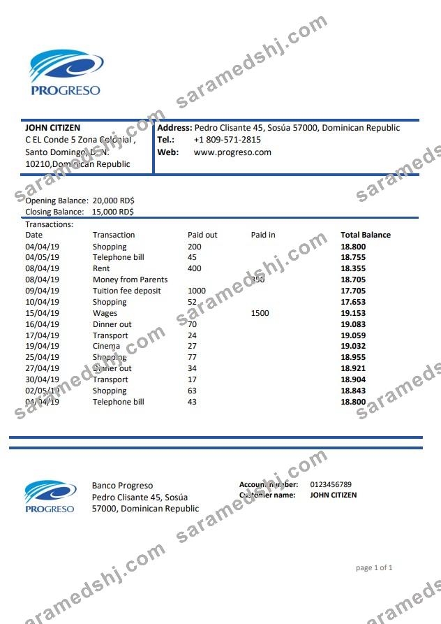Dominican Republic Progreso bank statement